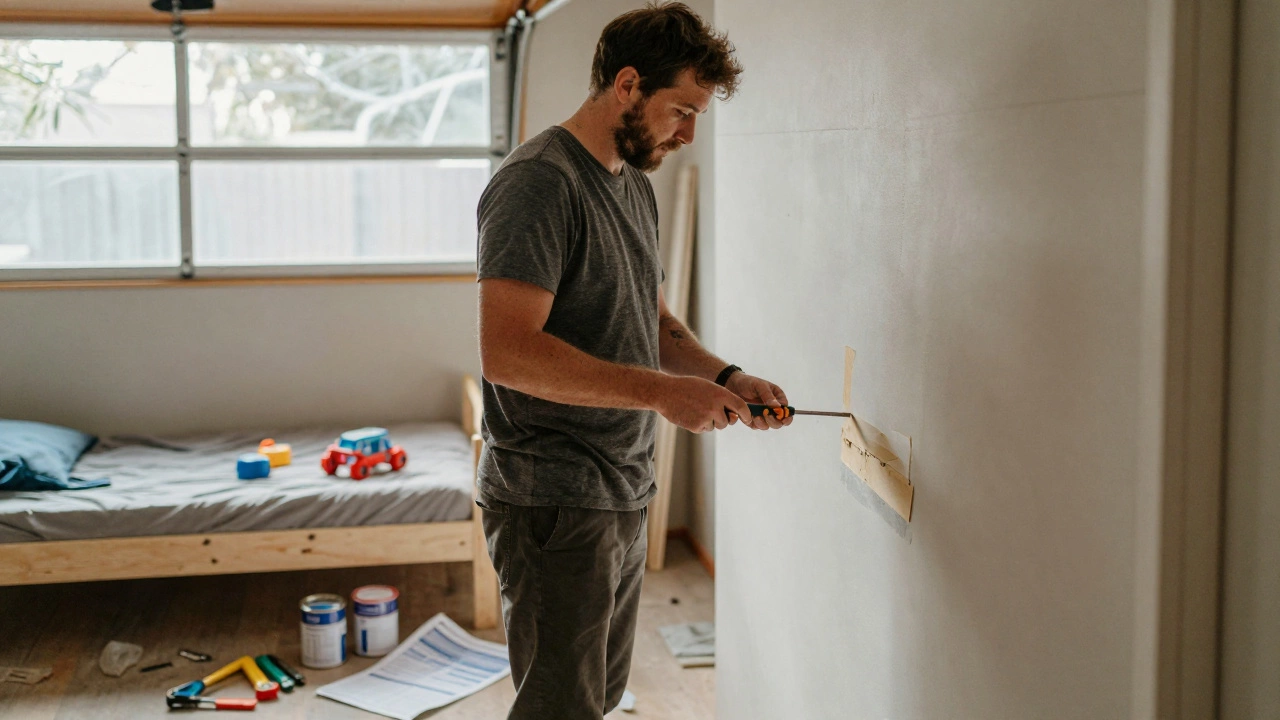 Single father in a garage-turned-bedroom, holding a screwdriver beside a handmade bunk bed with child’s toy nearby.