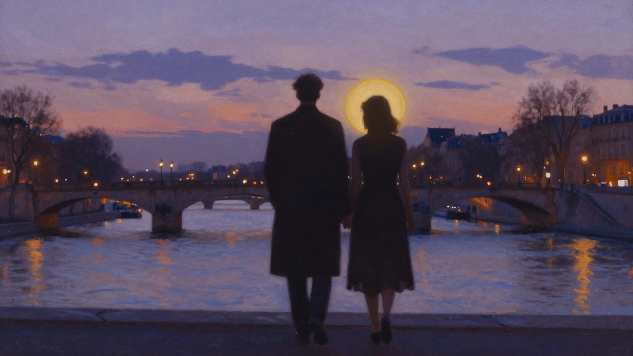 Two silhouetted figures walking peacefully along the Seine at dusk, conveying mutual respect.